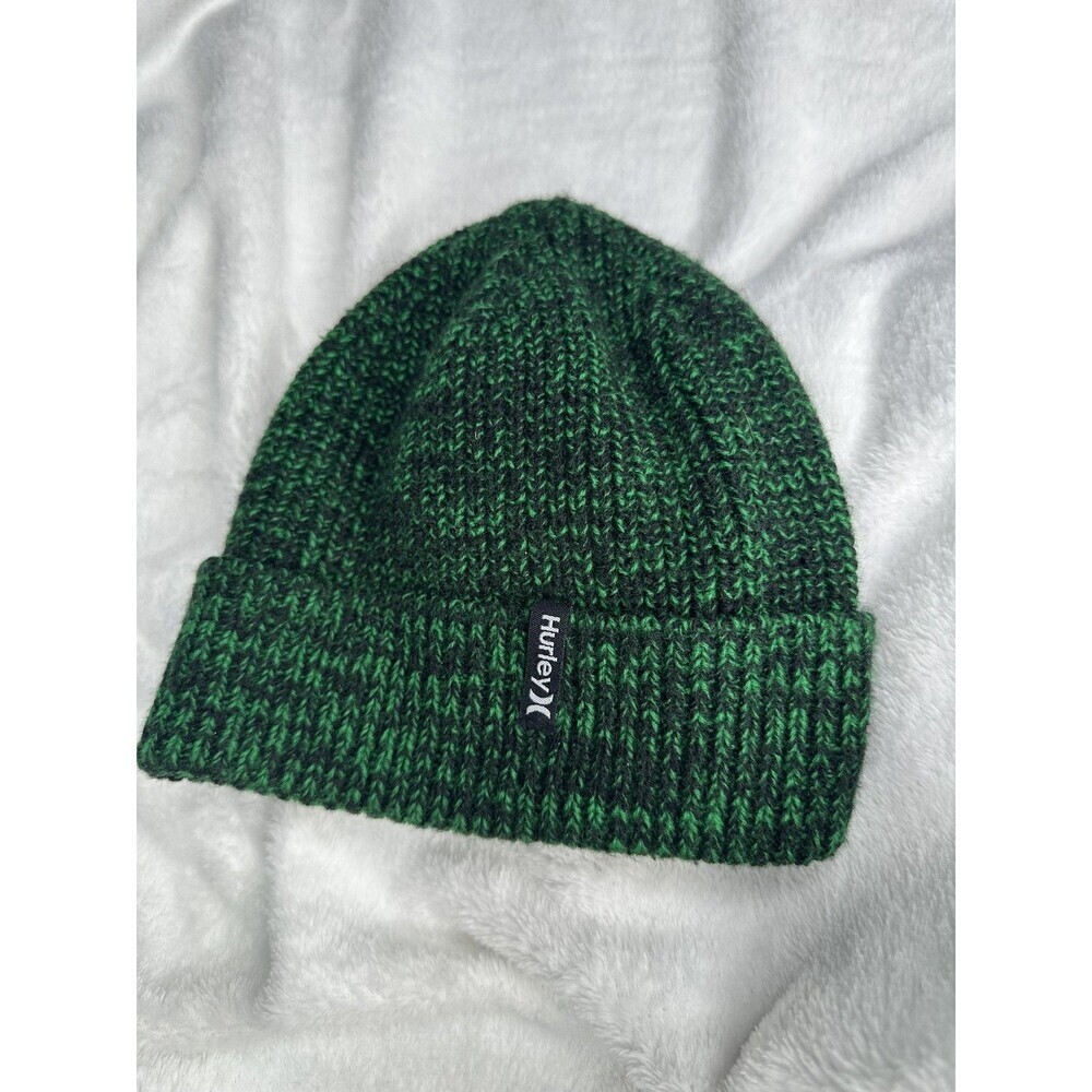 Hurley Beanie Hat Mens One Size Green Knit Cuffed Winter Stretch ASQ14205T
